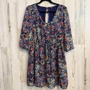 BeBop Women's XL Floral V-Neck Dress Navy Red Yellow 3/4 Sleeve Boho Fit & Flare